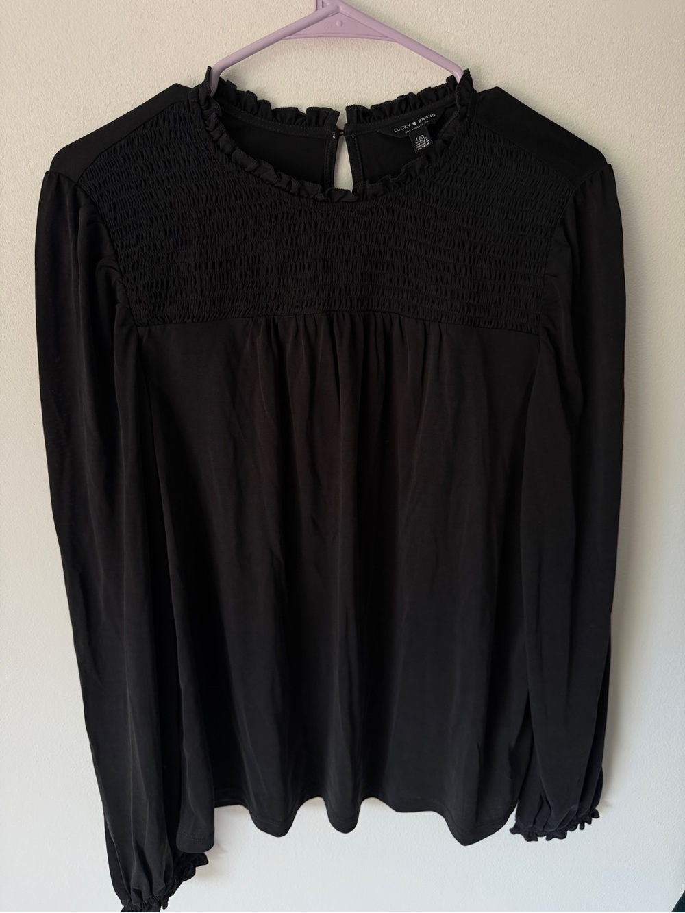 Lucky Brand Black Smocked Yoke Long Sleeve Blouse